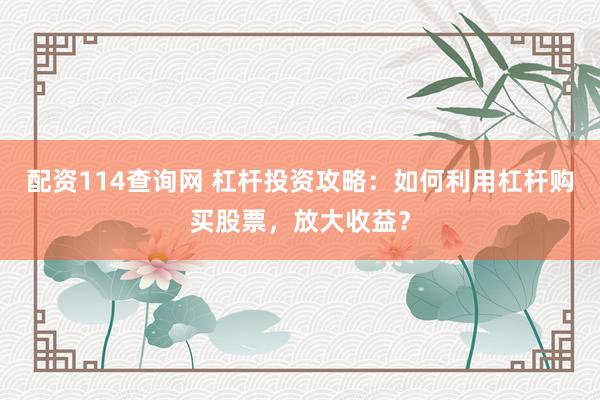 配资114查询网 杠杆投资攻略：如何利用杠杆购买股票，放大收益？